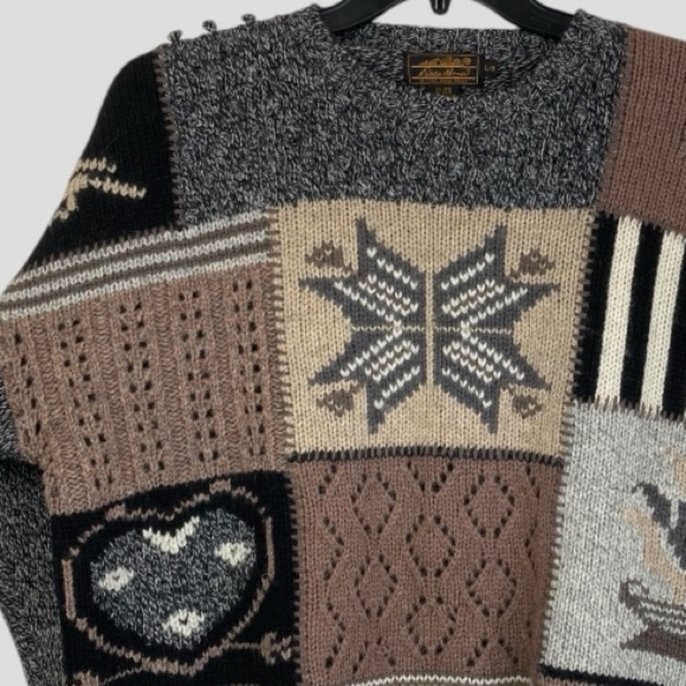 Vintage Eddie Bauer Patchwork Cable Crochet Knit Sweater Cozy Nordic Design Sz.L - Picture 5 of 12